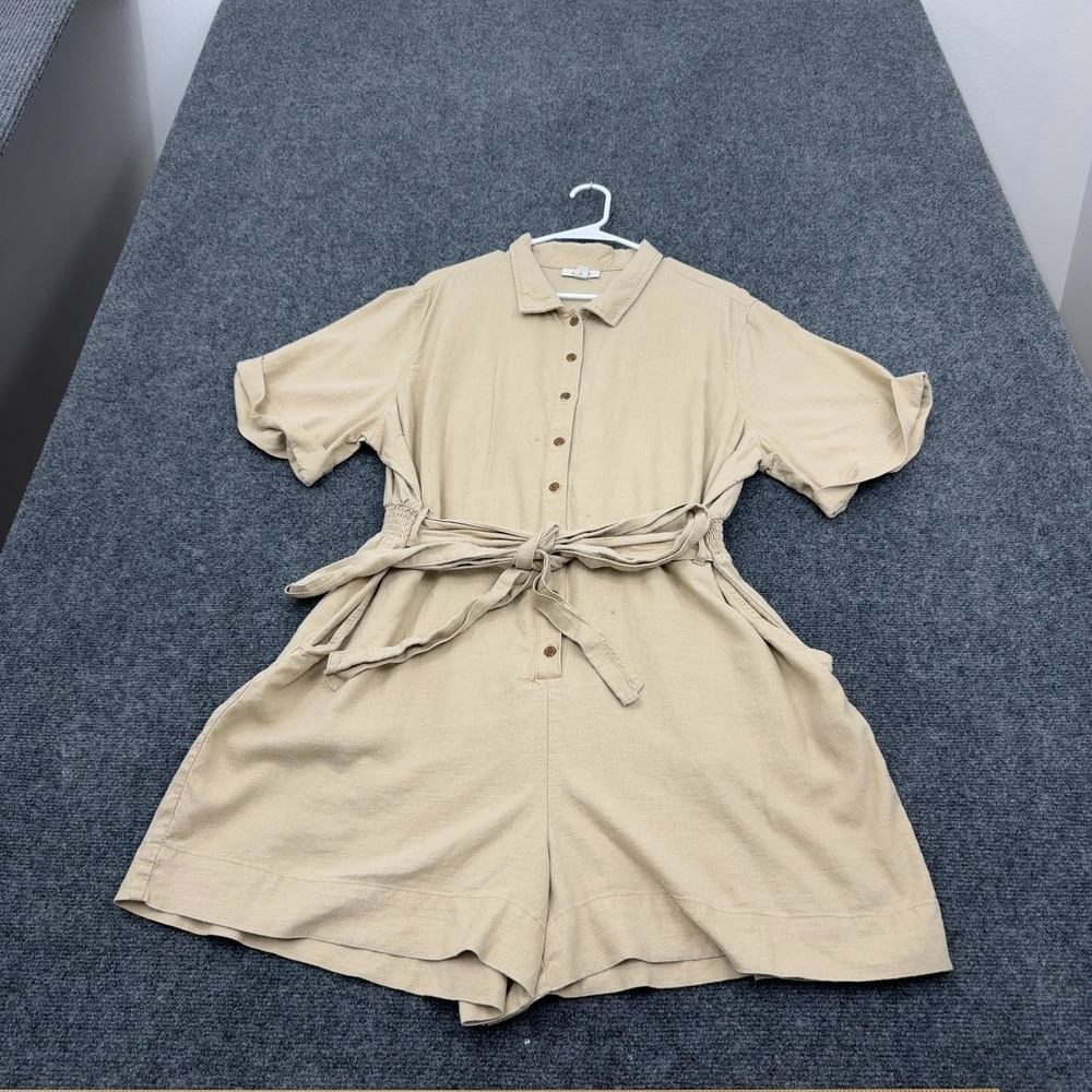 ON-34TH Romper Womens XXL Beige Linen Blend Button Front Tie Waist Casual Summer